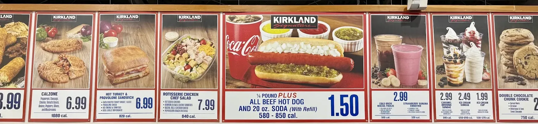 The Costco food court menu board, with a hot dog and 20 oz soda for $1.50